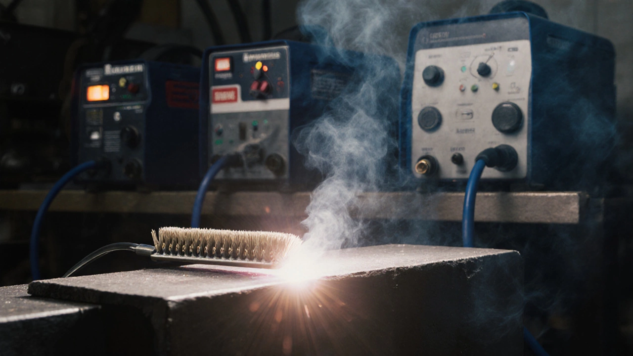 Чистый сварочный шов на металле, рядом щётка и три сварочных аппарата в размытом фоне.