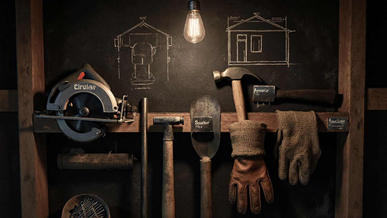 Инструменты аккуратно расставлены на полке в сухом гараже после работы.