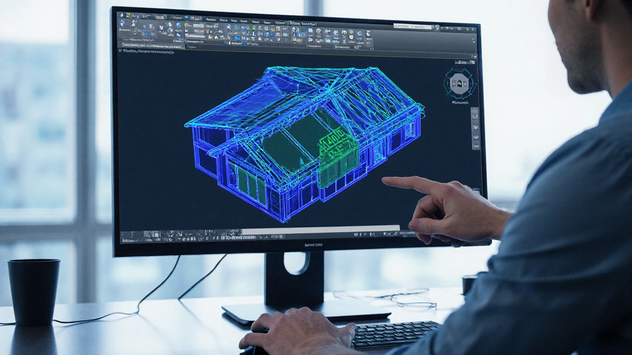Инженер работает в CAD, 3D‑модель крыши подсвечена цветными контурами.