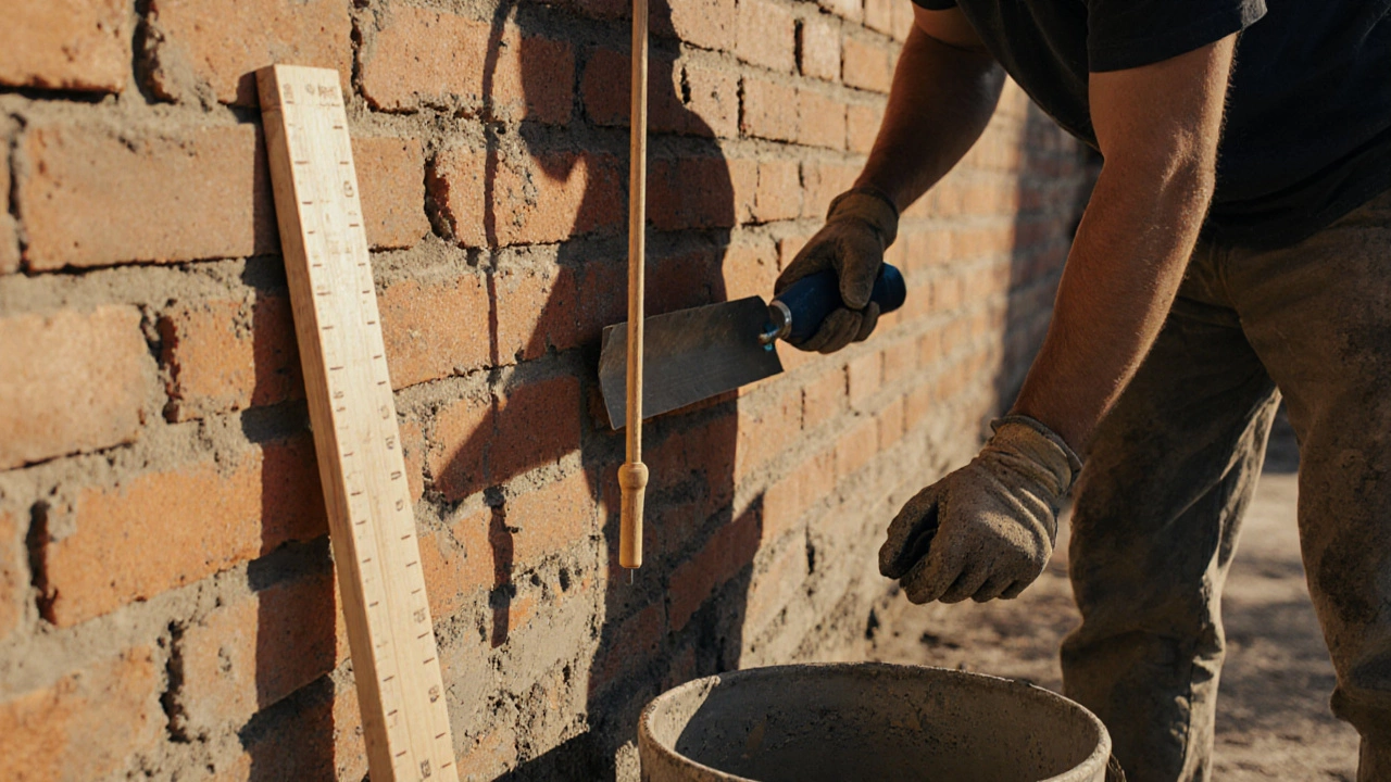 Кладка кирпича с использованием кельмы и отвеса для проверки вертикали.
