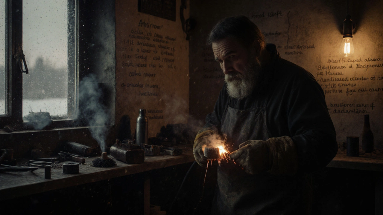 Мастер очищает шов щеткой в мастерской, на стене — заметки о настройках сварки.