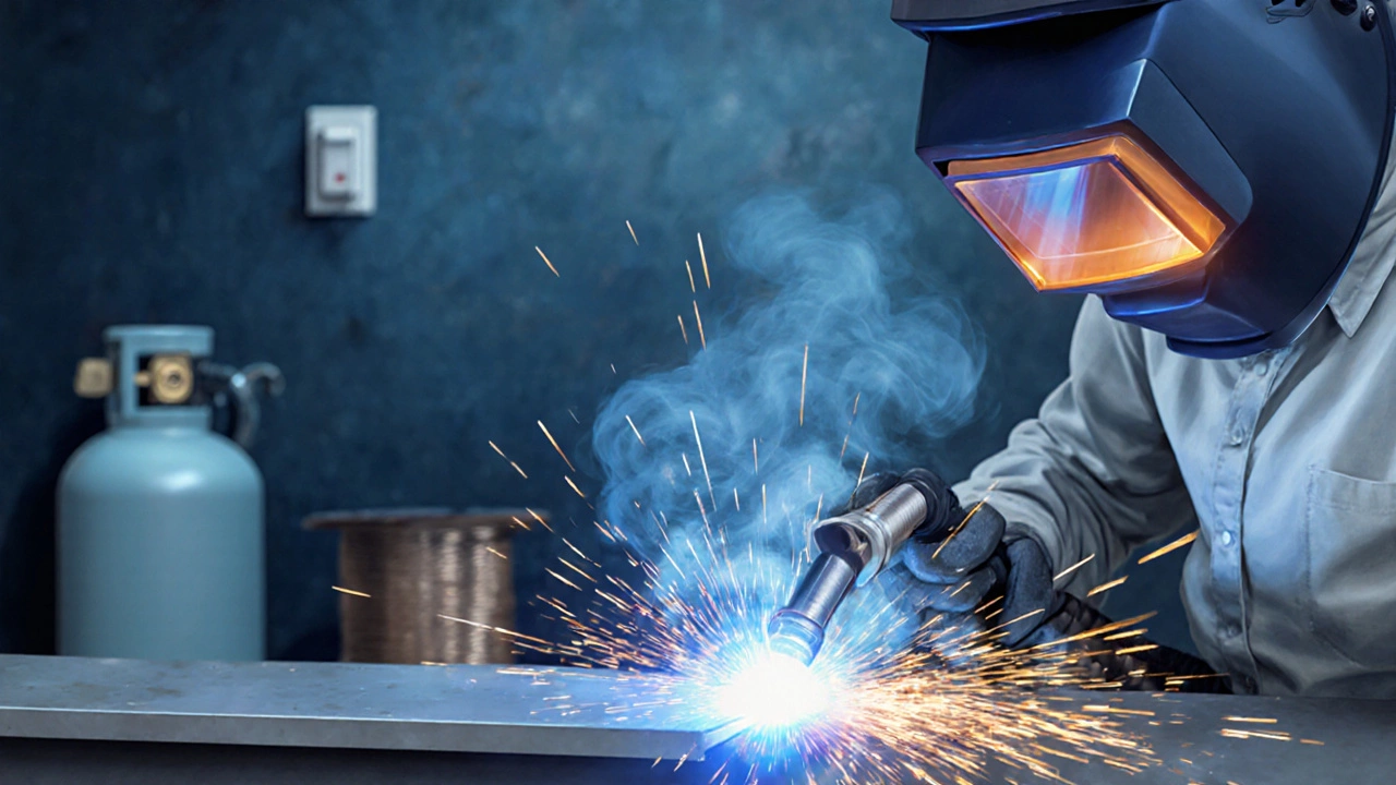 Миг‑сварка детали: ток в виде голубой дуги, искры, газовый поток и автоматический шлем.