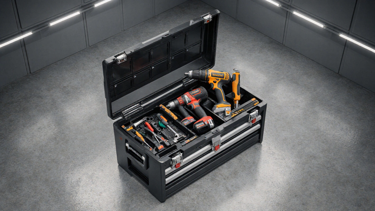 Открытый ящик с упорядоченными ручными и электроинструментами в гараже.