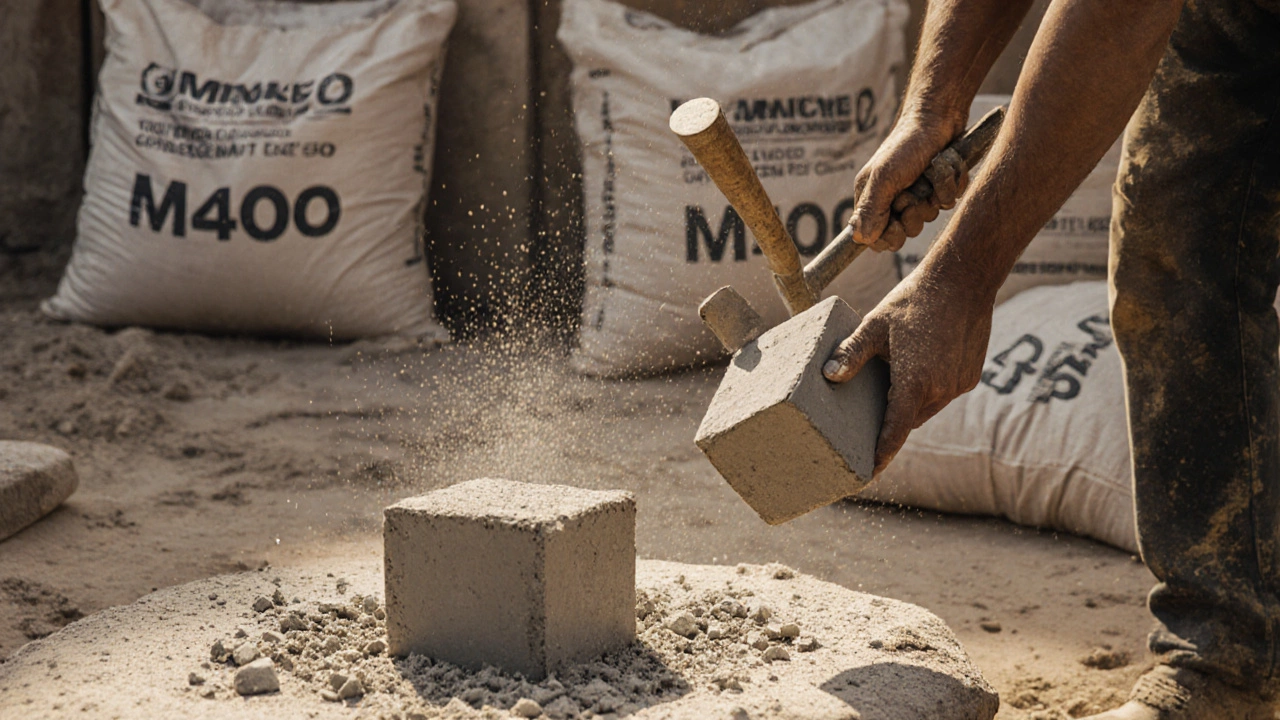 Рабочий проверяет прочность куба цементно-песчаного раствора молотком, рядом — осколки чистого цемента.