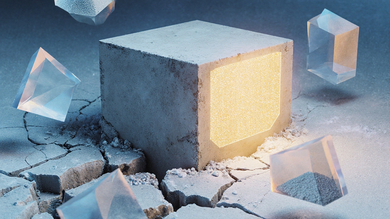 Разрушающийся фундамент рядом с идеальным кубом бетона М200, символизирующий правильные пропорции.
