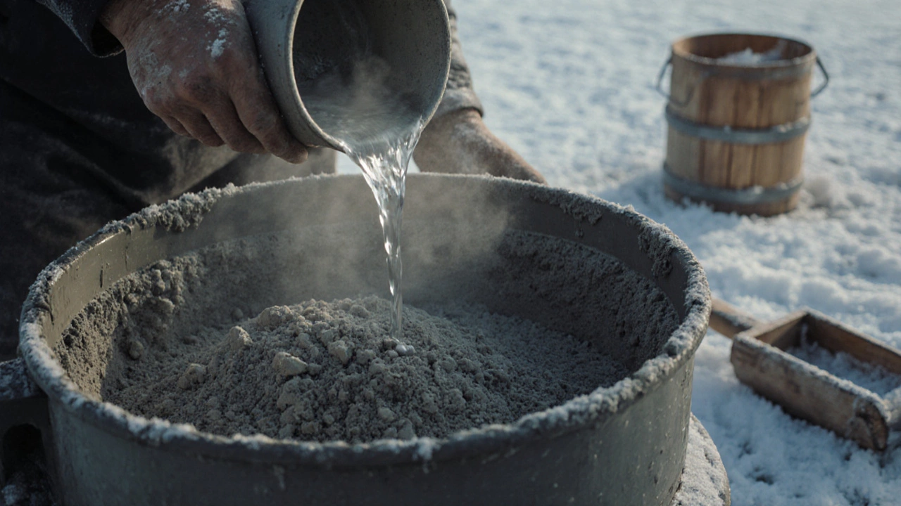 Руки добавляют воду в бетономешалку на морозе, за кадром — снежный пейзаж Сибири.