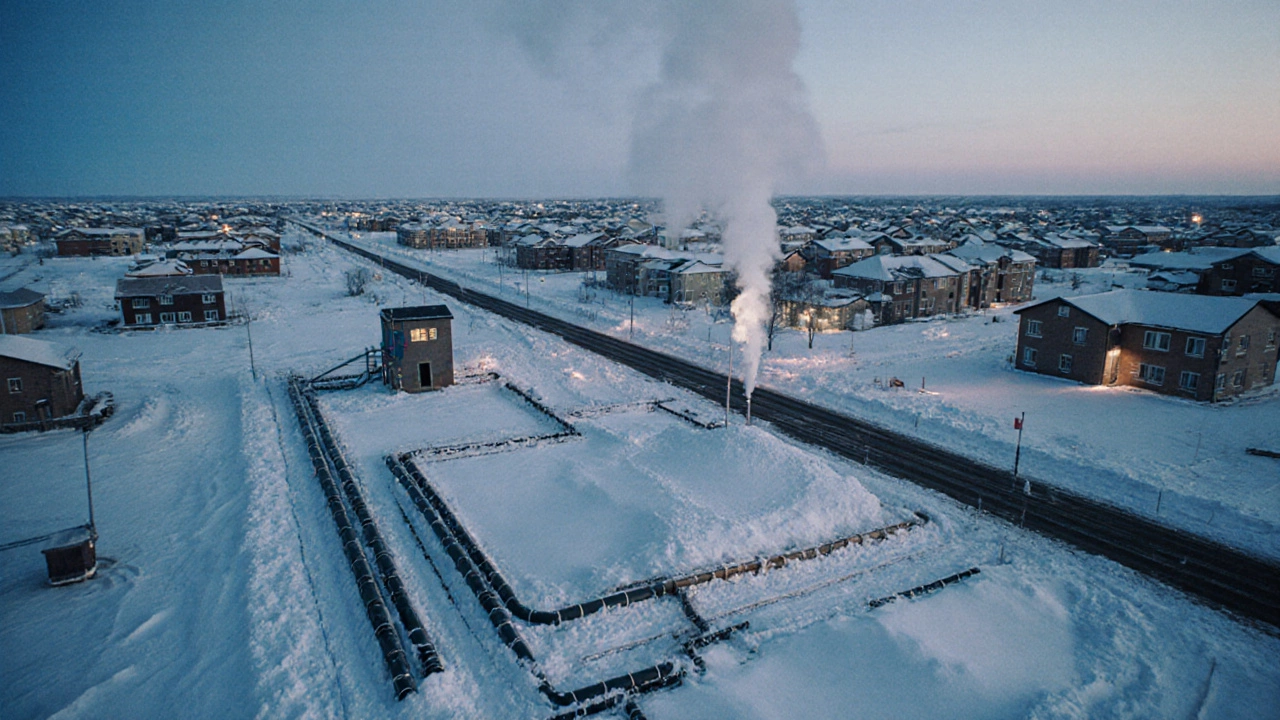Аэрофото сибирского поселка с теплотрассами, котельной и клубом под зимним небом.