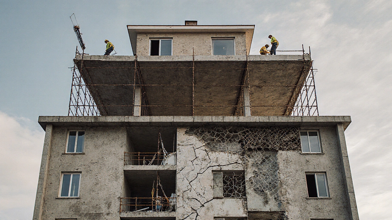 Безопасное строительство на третьем этаже с видимыми стенами и арматурой, в контрасте с исчезающим котлованом.