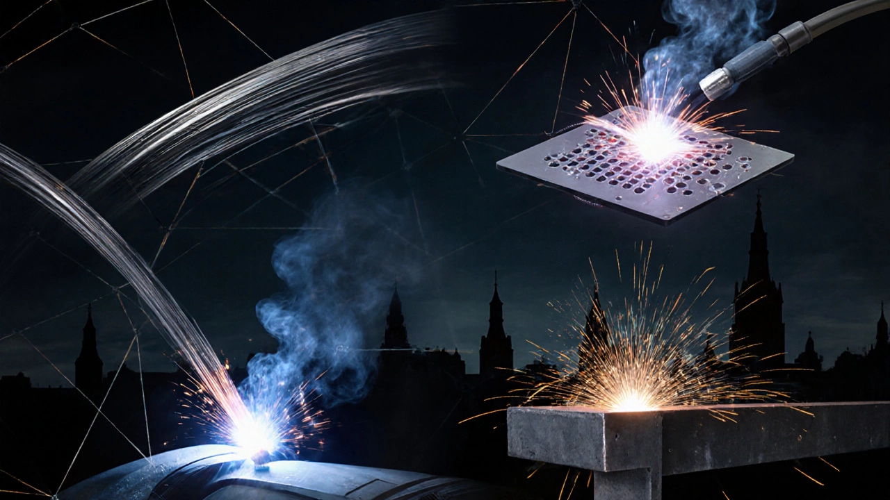 Четыре метода сварки: MIG, TIG, точечная и дуговая — изображены как геометрические формы на стальном каркасе.