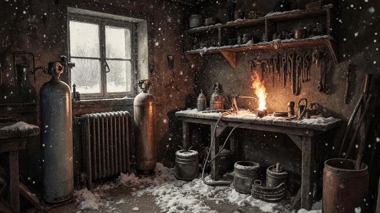 Газовая сварка в гараже: пламя нагревает медный радиатор, на фоне снега за окном.