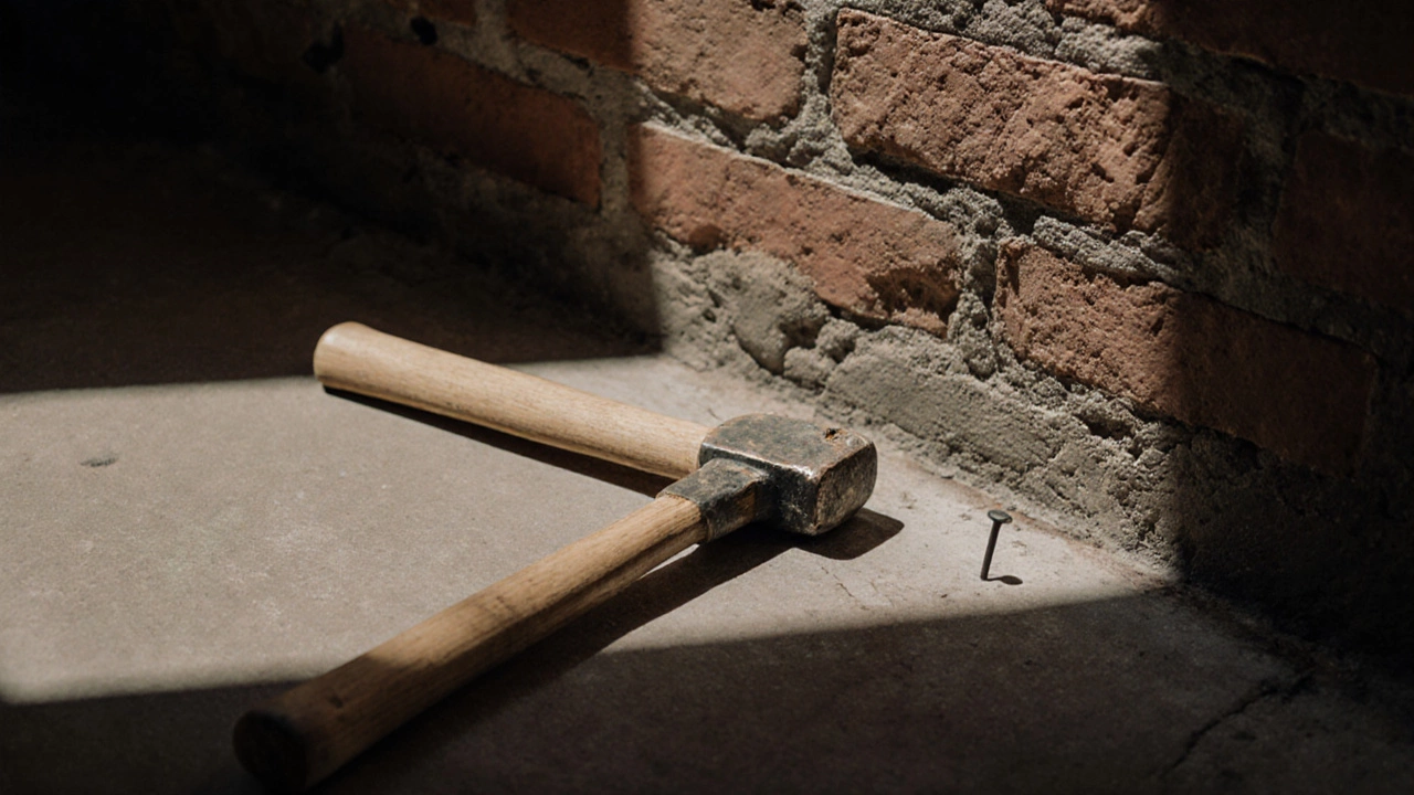 Изношенный молоток лежит на бетонном полу рядом с треснувшей кирпичной стеной.
