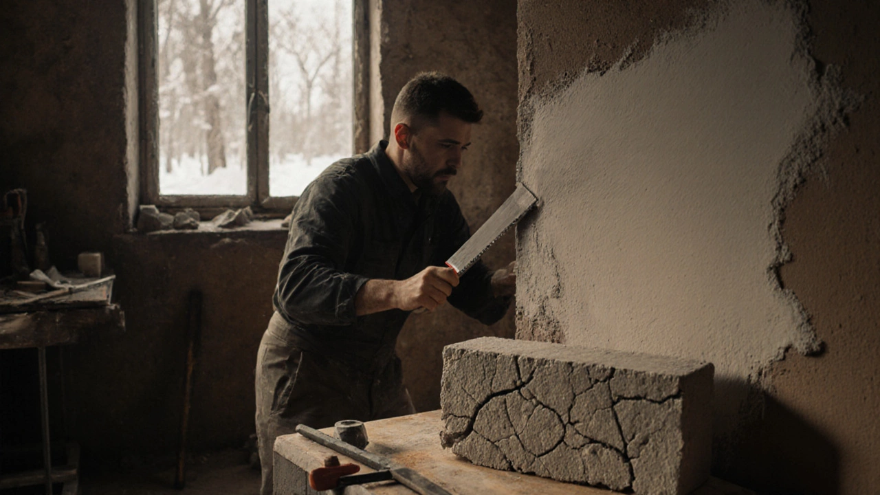 Мастер наносит штукатурку из цемента М400 на стену, рядом — треснувший образец М500.