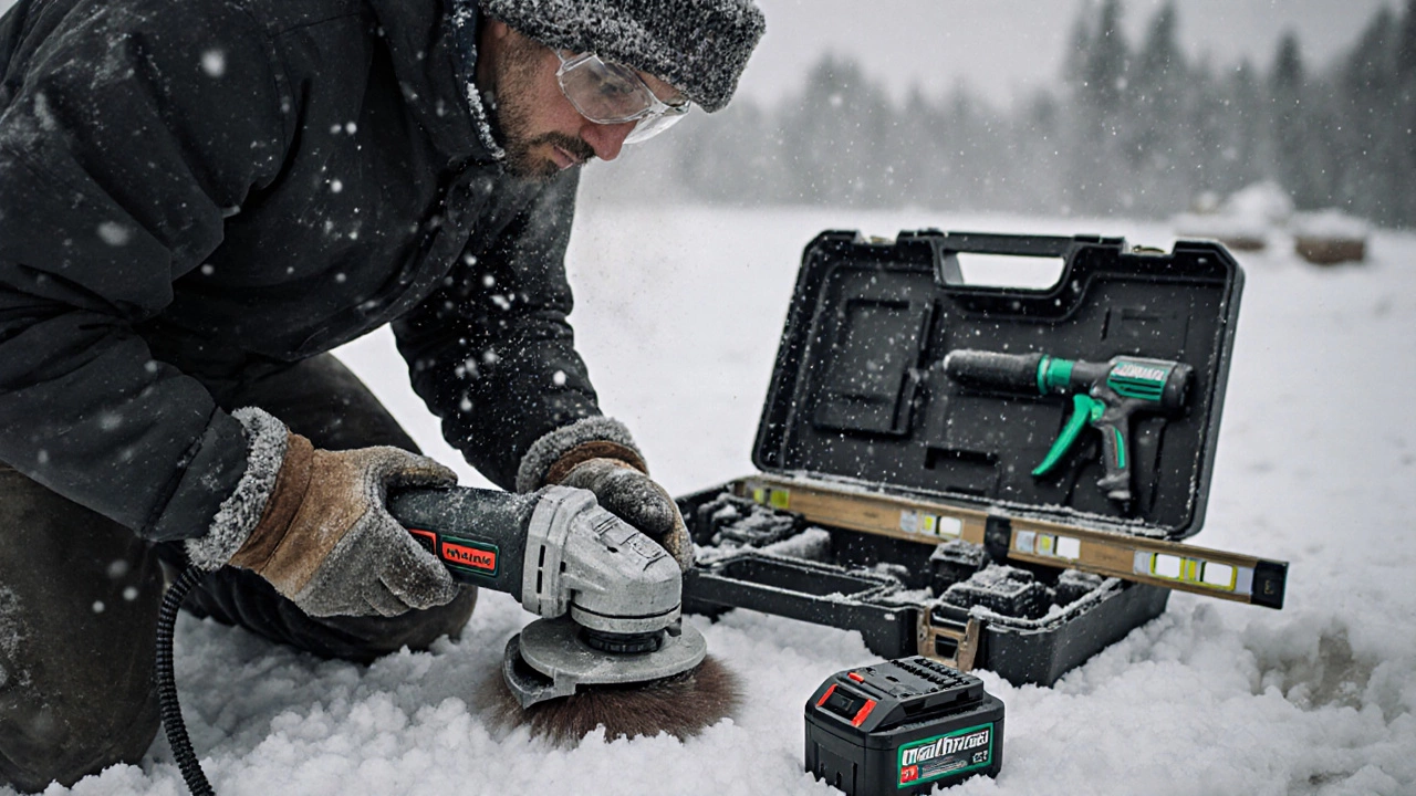 Рабочий на стройке в зимних условиях с болгаркой и пылесосом, на фоне снега и морозного воздуха.