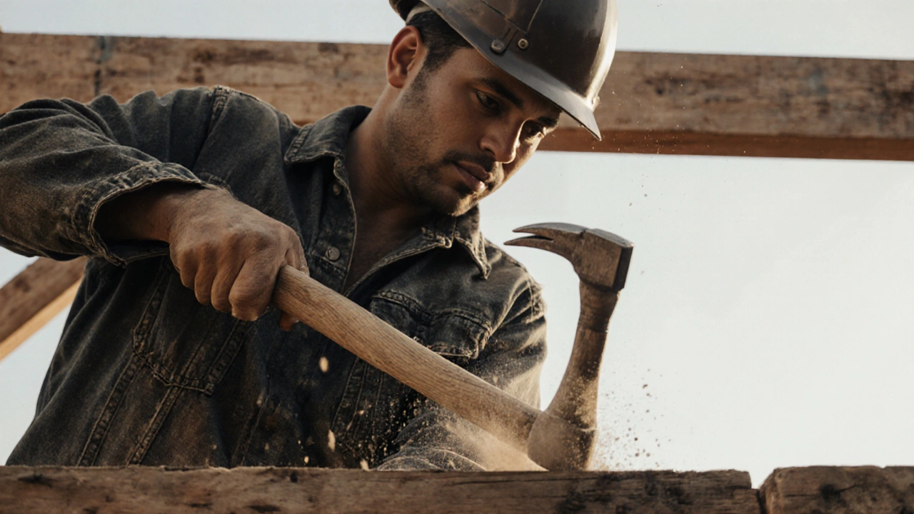 Рабочий замахивается молотком, вбивая гвоздь в деревянную балку.