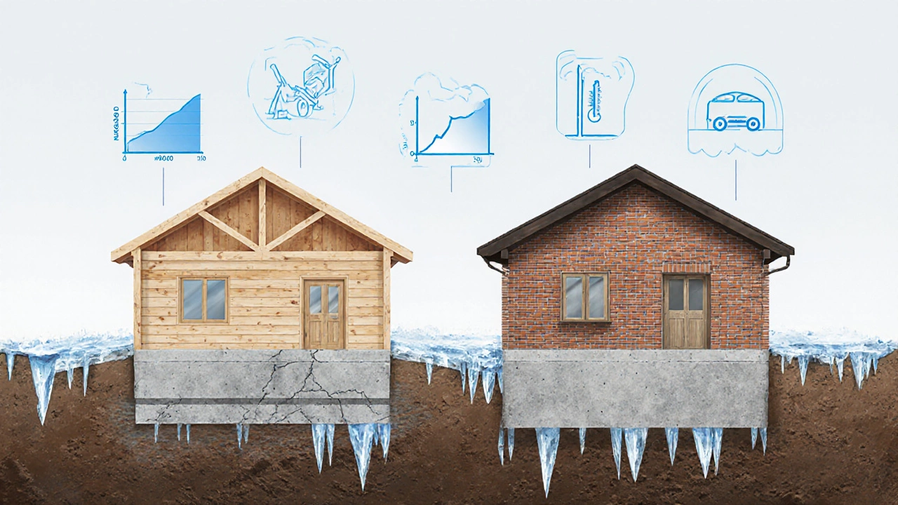 Разделённый фундамент: М400 для лёгкого дома и М500 для тяжёлого, на фоне замёрзшей земли.