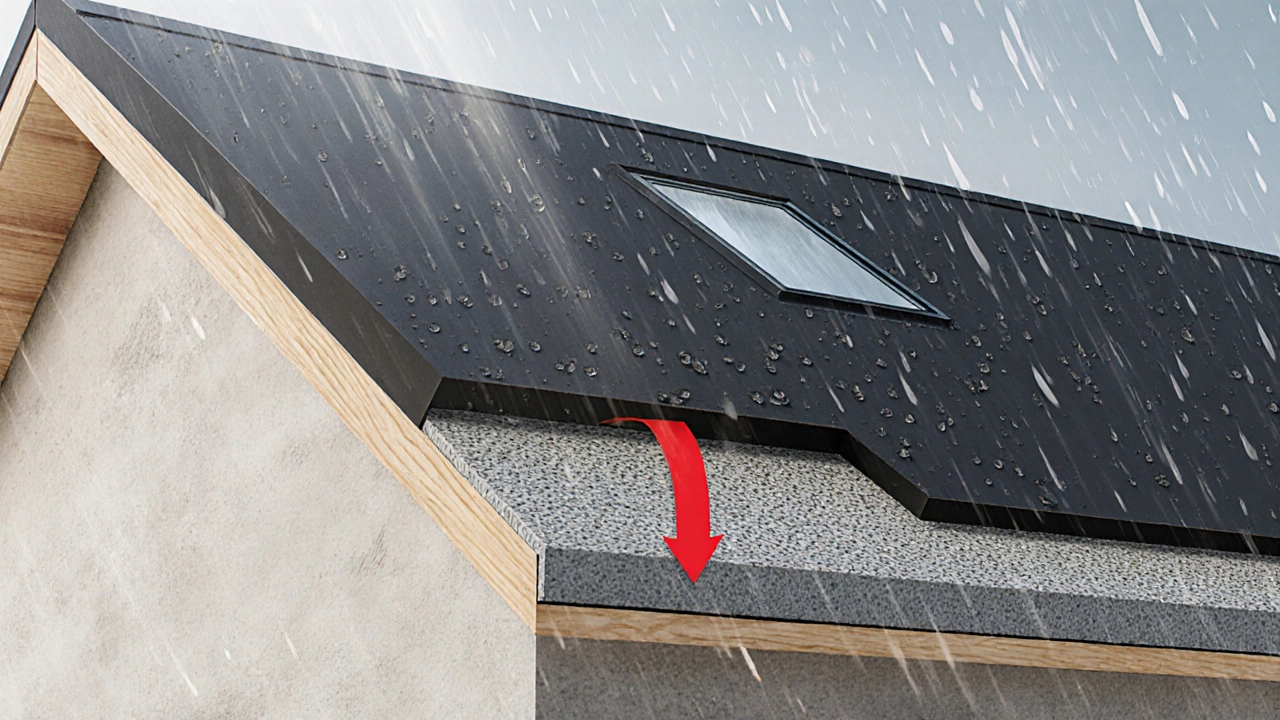 Разрез крыши с тремя слоями: бетон, подкладка и рулонное покрытие, с указанием защиты от влаги.