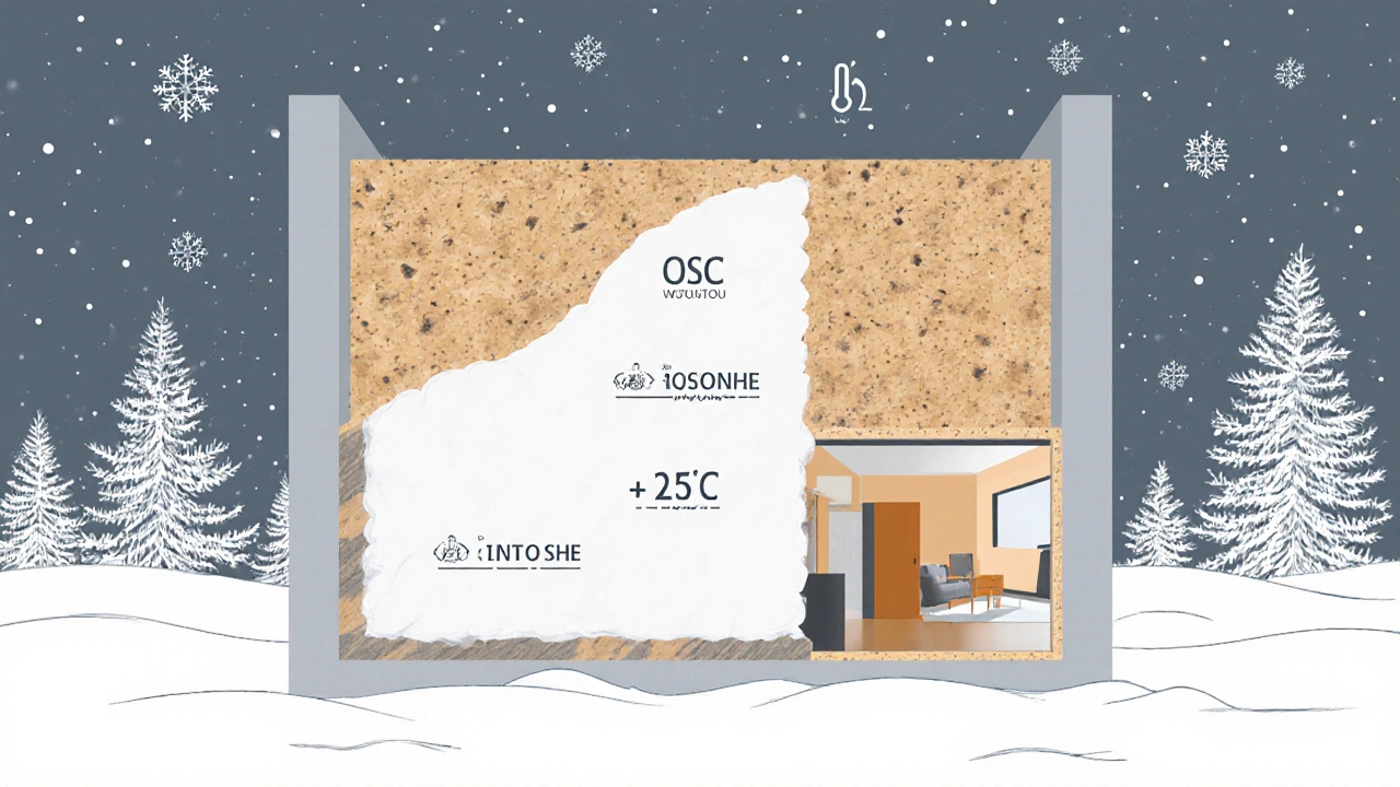 Разрез SIP-панели с тремя слоями: ОСП и пенополистирол в холодной среде.