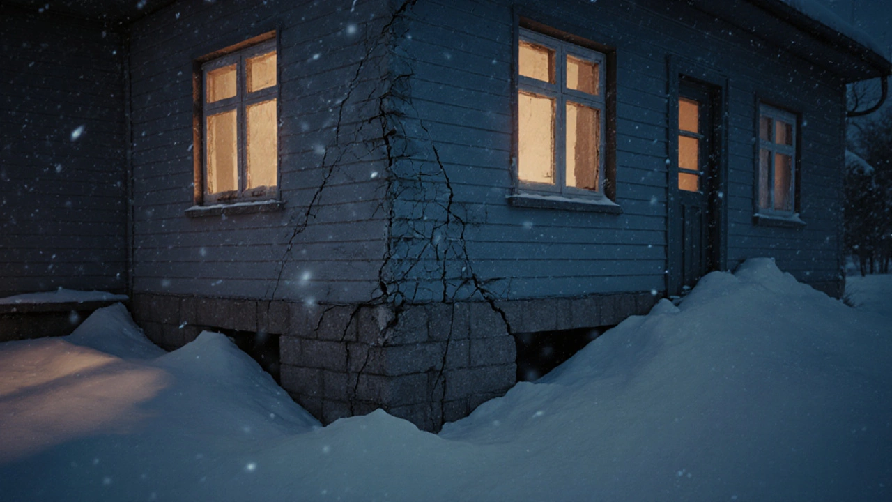 Разрушающийся дом в Сибири с узким фундаментом, стена треснула из-за морозного пучения.