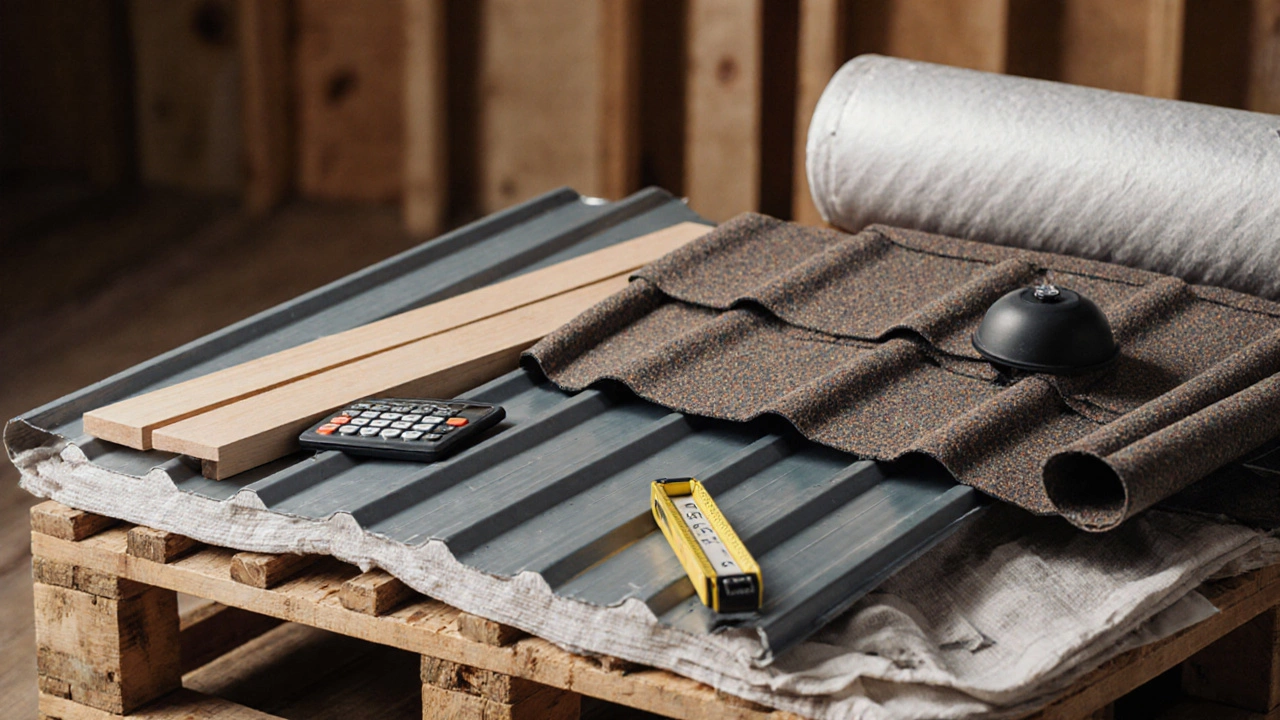 Рулонные и листовые кровельные материалы на деревянной паллете с инструментами.