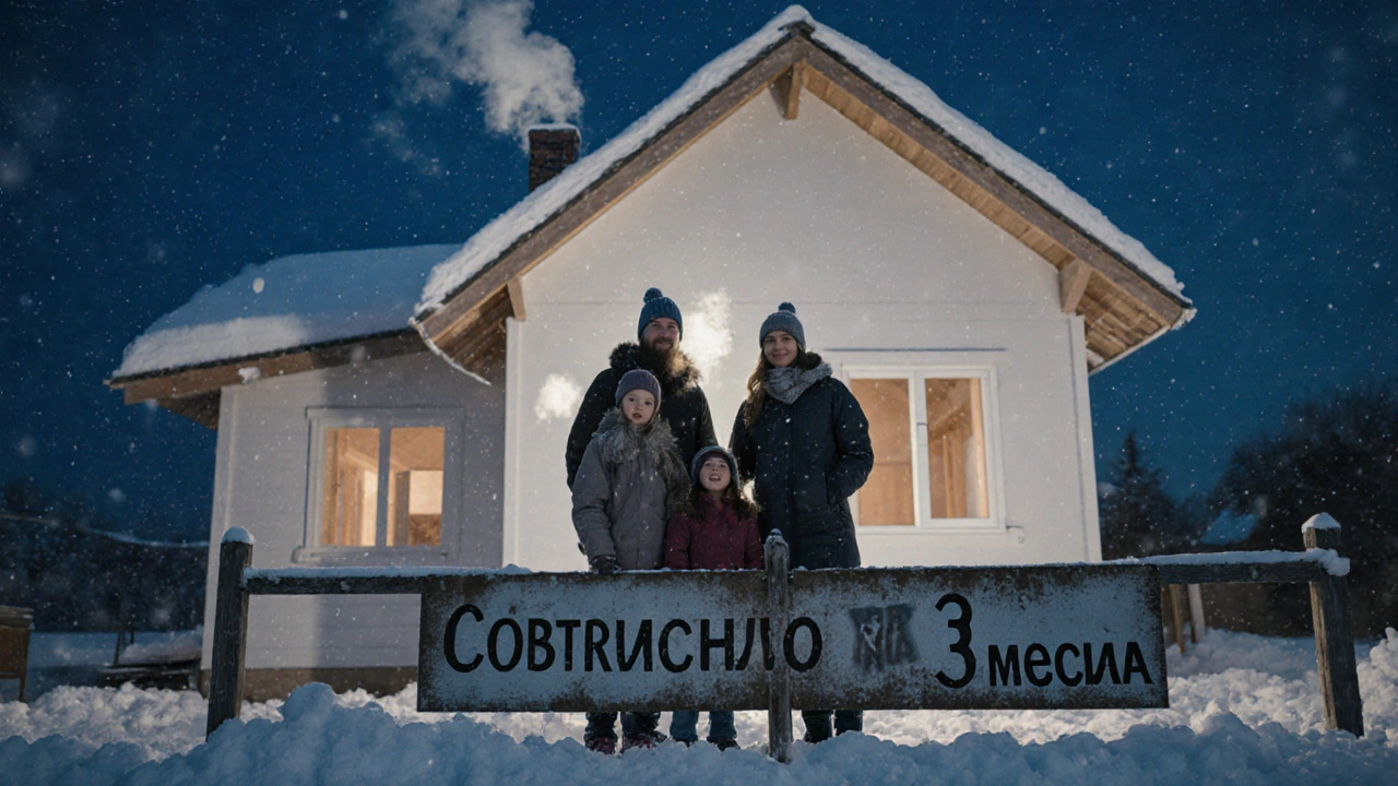 Семья у нового каркасного дома зимой, дым из трубы, снег и сумерки.