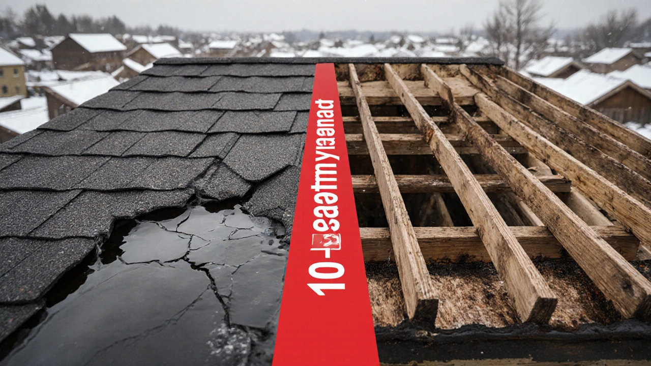 Сравнение разрушенной крыши без подкладки и целой с подкладкой, с акцентом на срок службы.