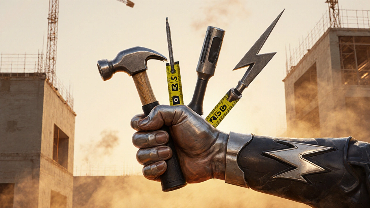 Стилизованное изображение руки строителя, превращающейся в инструменты на фоне строительной площадки.