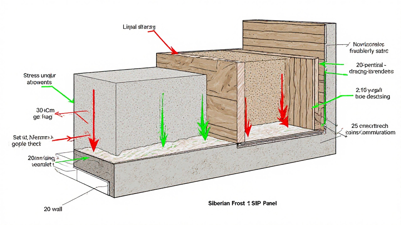 Технический чертёж поперечных сечений фундаментов под разными стенами с указанием зон напряжения.