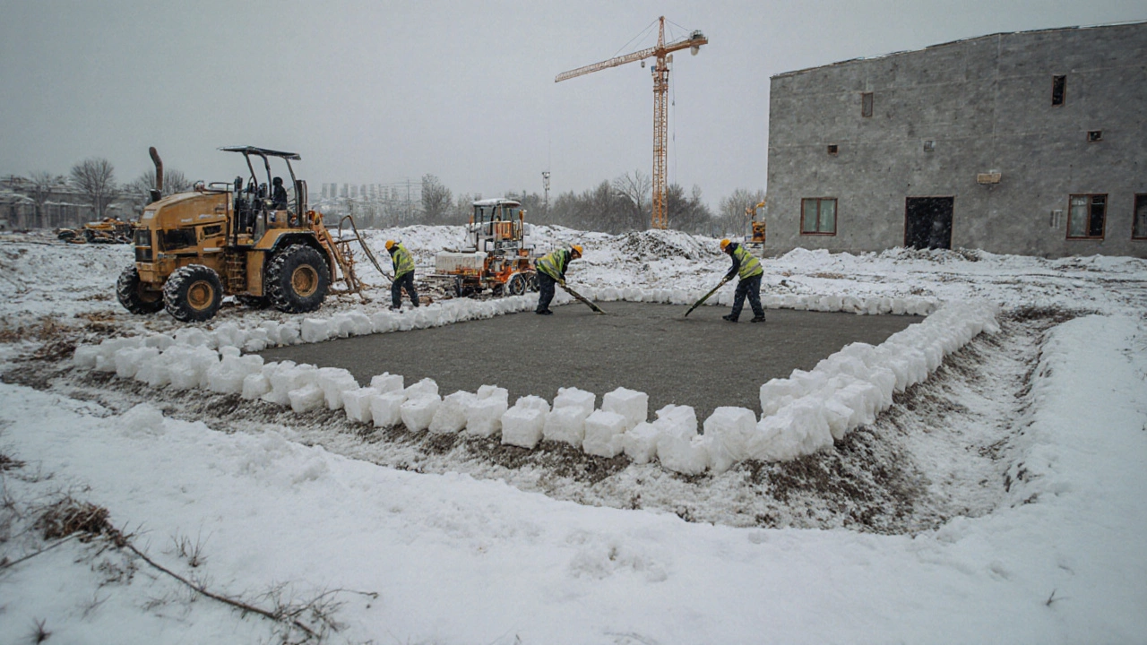 Зимняя стройка: фундамент укрыт теплоизоляцией на замерзшей земле.