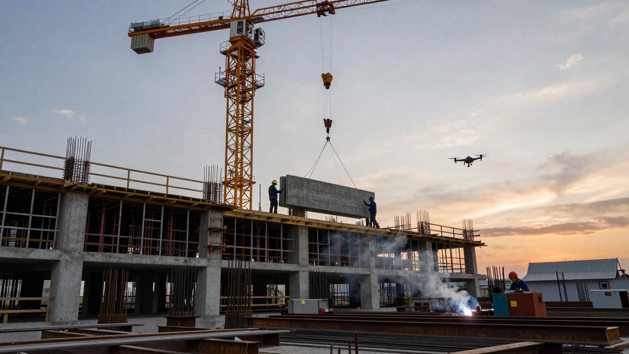 Башенный кран поднимает бетонную плиту на строящийся многоэтажный дом, рабочие направляют груз.