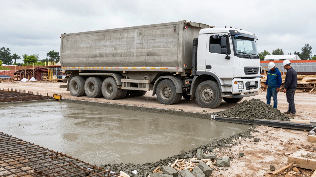 Грузовик с бетоном разгружает материал, часть которого используют для дорожки.