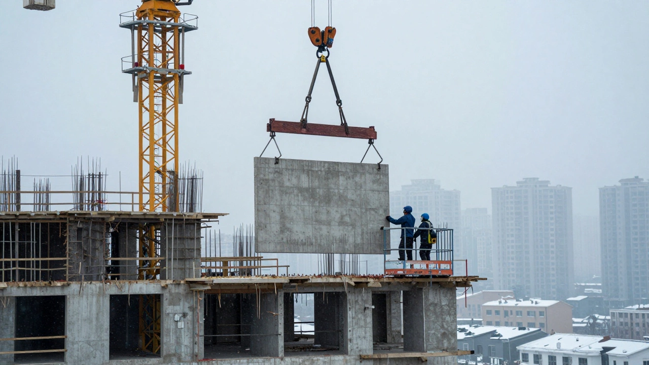 Кран поднимает бетонную панель на третий этаж строящегося дома, снег падает вокруг.