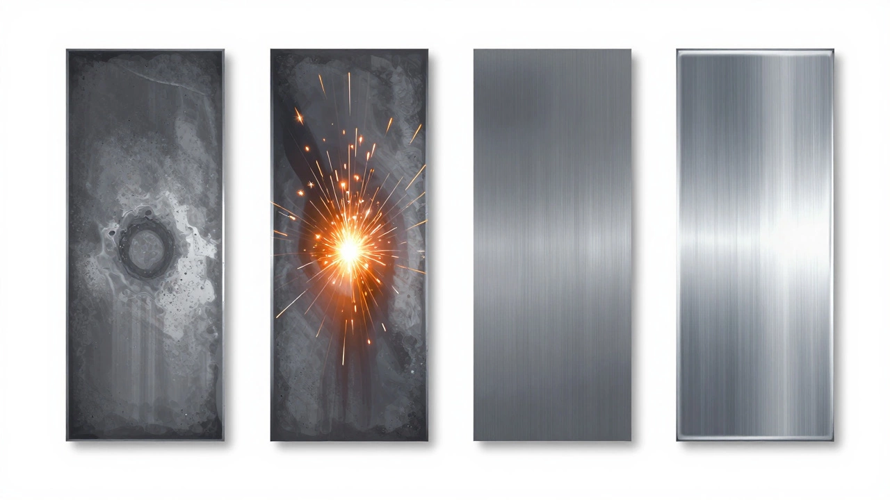 Последовательность этапов шлифовки сварного шва: грубая зачистка, выравнивание, полировка.