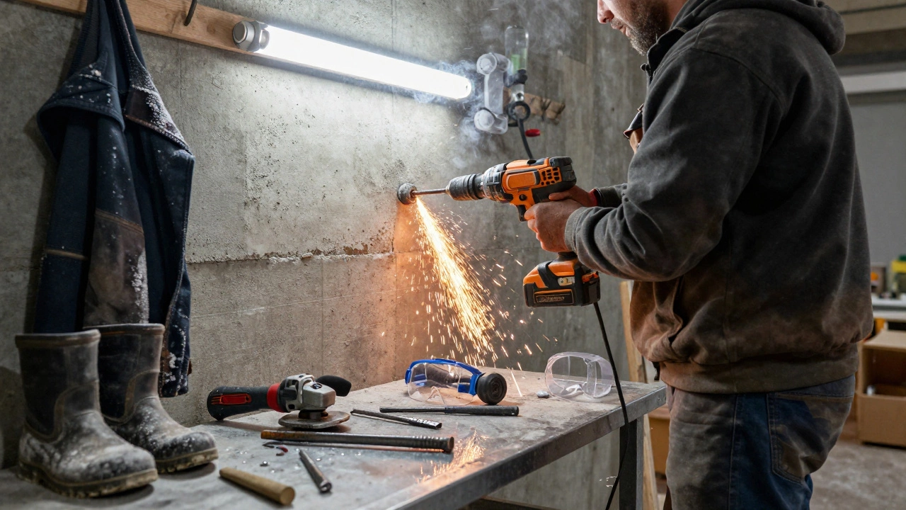 Рабочий использует перфоратор для сверления бетона, вокруг разбросаны инструменты и видны искры и пыль.