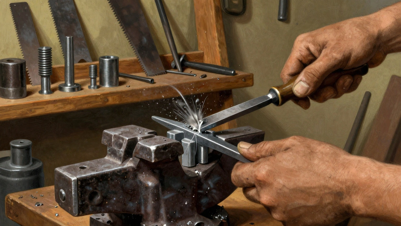 Рабочий обрабатывает металл напильником и зубилом в мастерской.