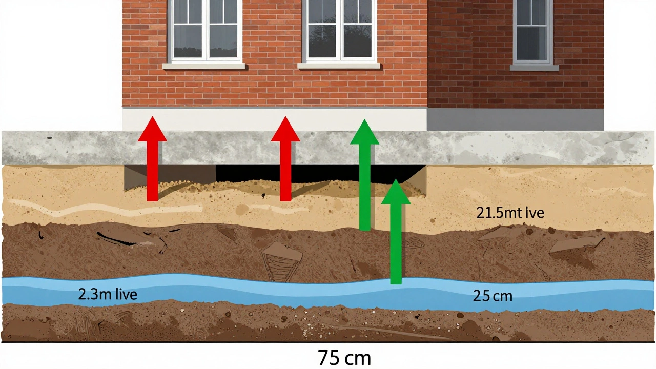 Разрез фундамента с пояснением сил морозного пучения и правильной глубины заложения на суглинке.