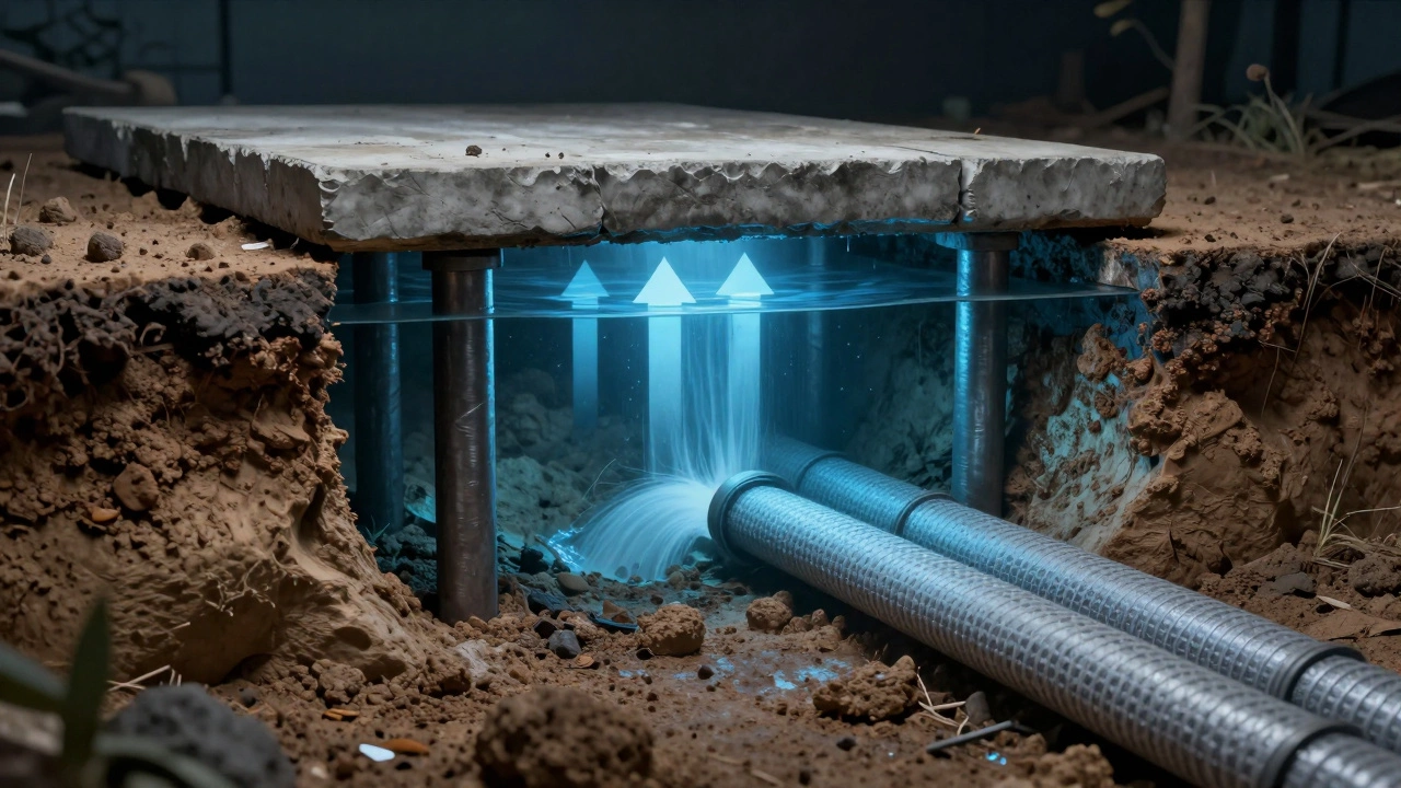 Разрез грунта: вода давит на мелкий фундамент, глубокие сваи удерживают дом.