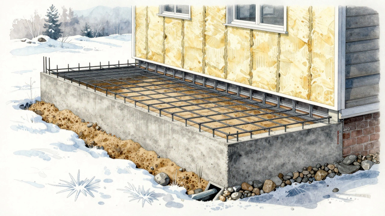 Разрез монолитного ленточного фундамента с арматурой, подушкой и утеплением.