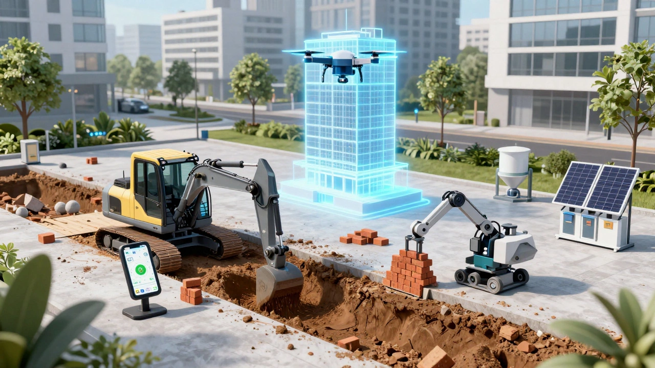 Робот-кладчик укладывает кирпичи, электрический экскаватор работает с GPS, дрон создаёт 3D-модель стройки.