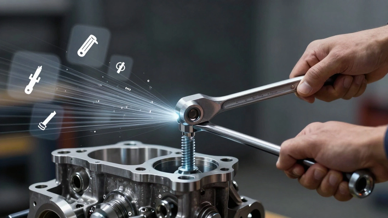 Рука слесаря затягивает болт динамометрическим ключом с визуализацией момента.