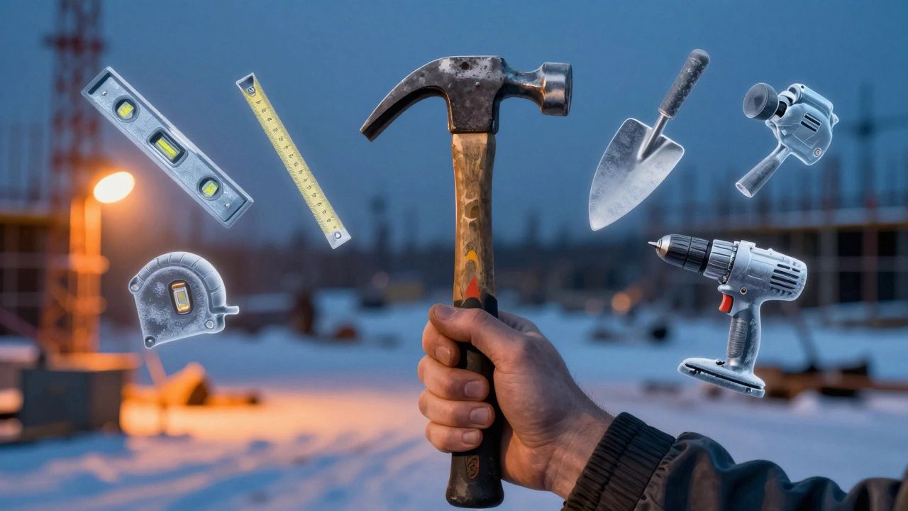 Рука строителя держит молоток, вокруг него парят изображения основных строительных инструментов на фоне зимней стройки.