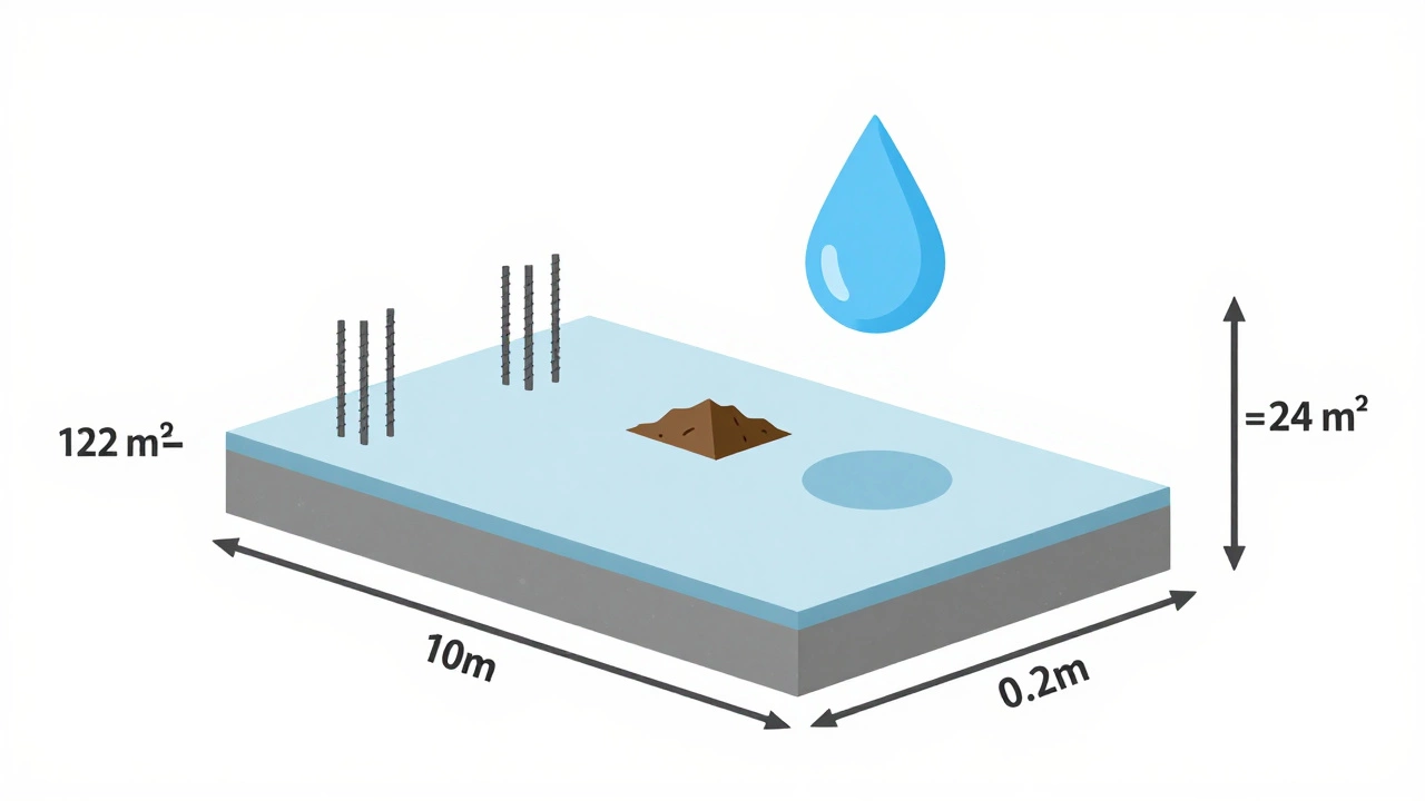 Схема плитного фундамента с обозначенными размерами и расчетом объема.