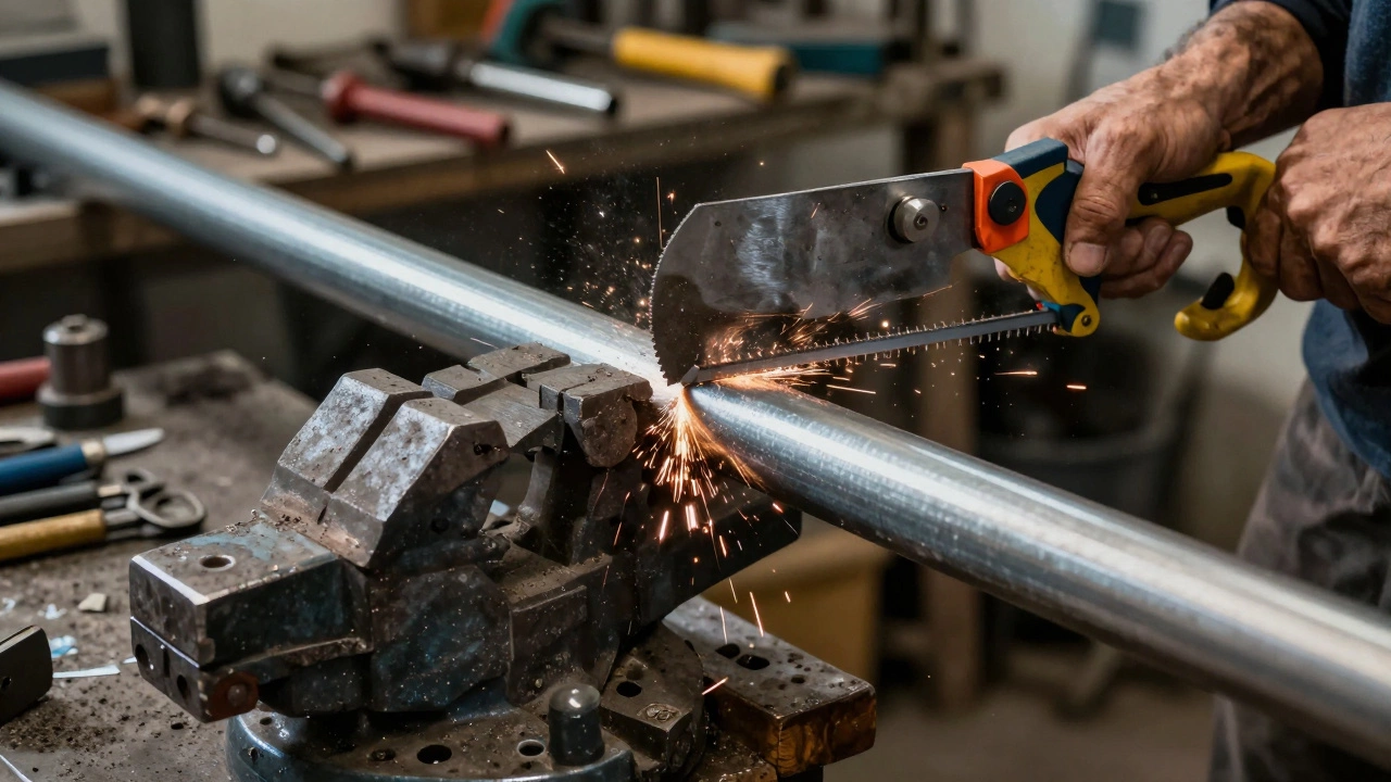 Слесарь режет трубу ножовкой, зажатую в тисках, с искрами при резке.