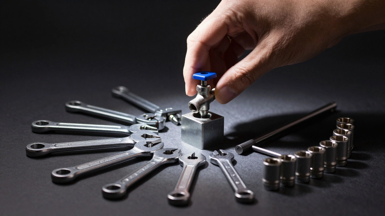 Сломанный метчик среди точных слесарных инструментов на темном фоне.
