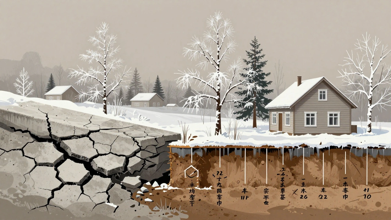 Сравнение разрушенного и правильного фундамента под воздействием морозного пучения.