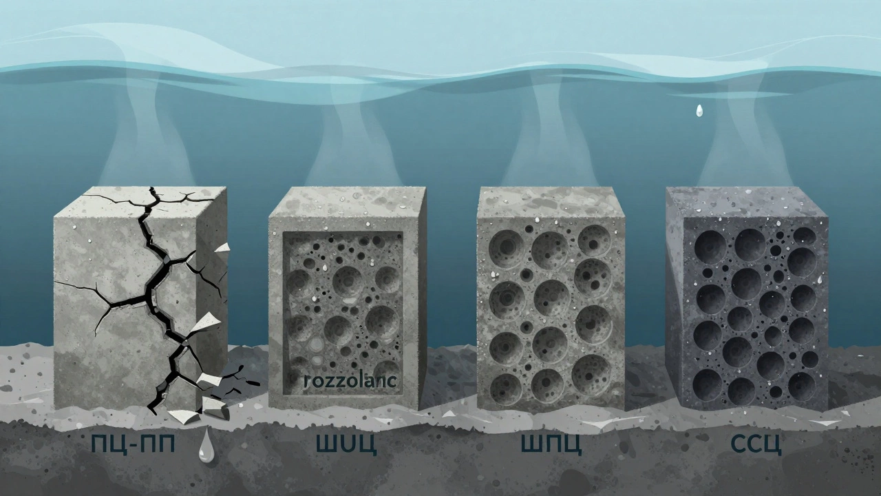 Сравнение внутренней структуры водостойких и обычных цементов под давлением воды.
