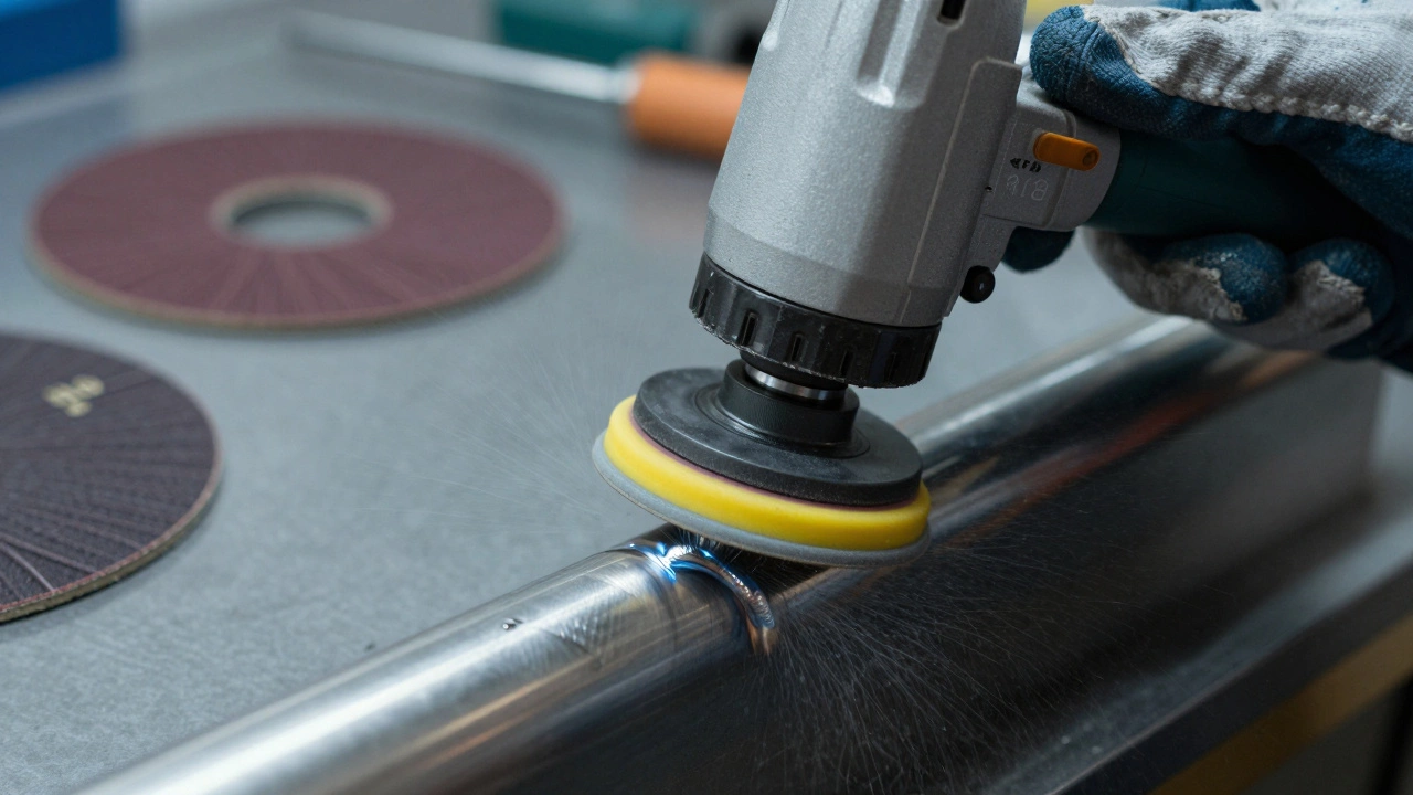 Вибрационная шлифовальная машинка тонко обрабатывает шов из нержавеющей стали.