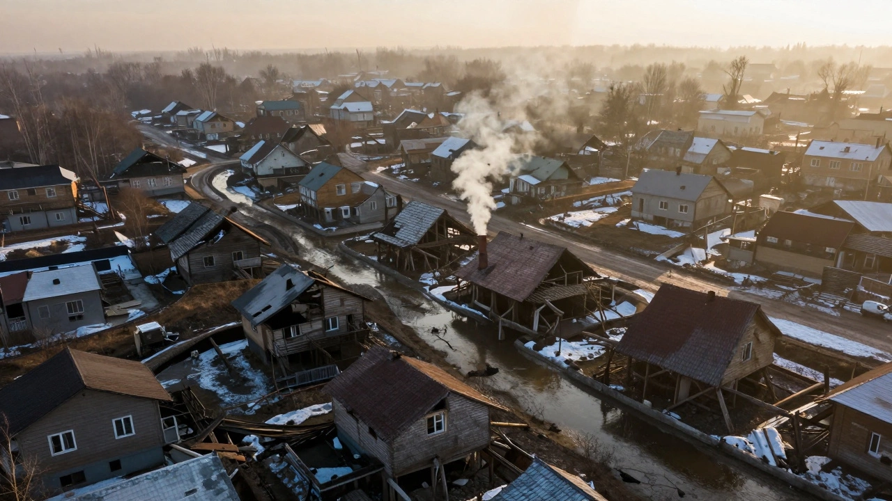 Вид на деревню: часть домов осела, другие стоят на сваях, рядом дренажные канавы.