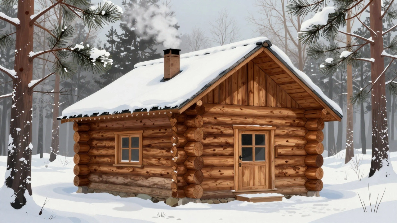 Деревянный сруб в сибирском лесу с дымом из трубы и снежным покровом.