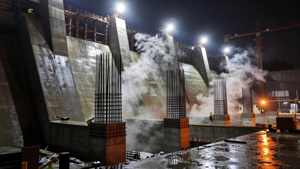 Гигантская бетонная плотина при ночном литье, с паром и подсветкой.