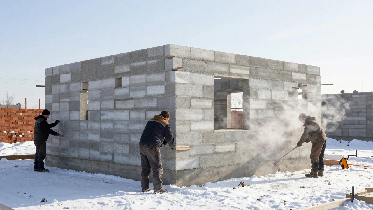 Кладка газобетонных блоков на глубоком фундаменте в зимних условиях Новосибирска.